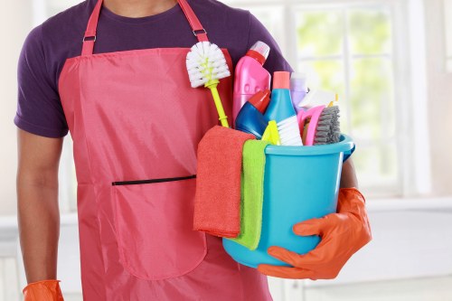 Professional communal area cleaning in a residential building entrance