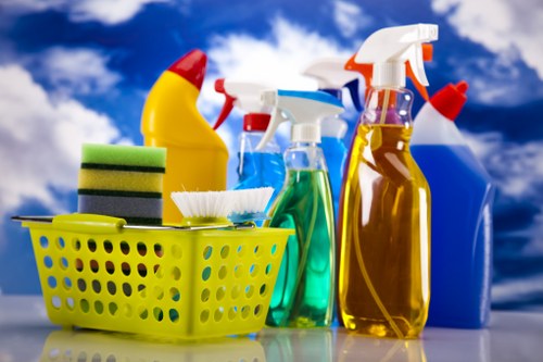 Cleaning supplies arranged for an effective regular cleaning routine