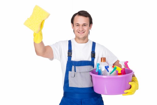 Commercial cleaner polishing floors in a business space